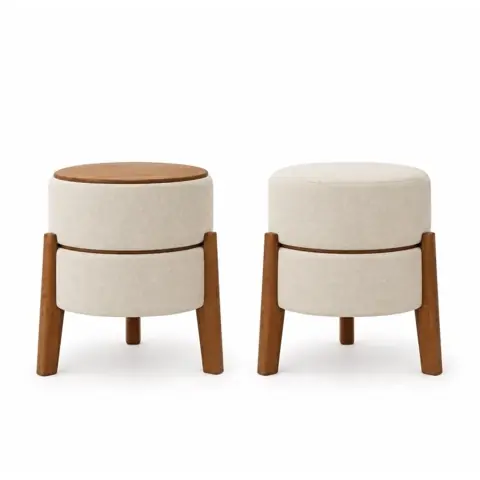 Kit 2 Puffs Mesinha Bouclé Areia - Par Decorativo Luxo com Tampo Liso