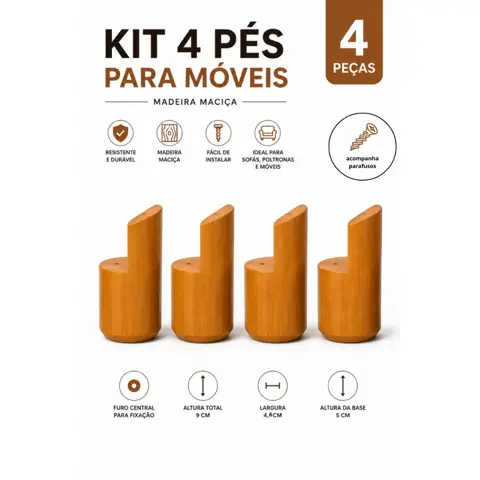 Kit 4 Pé Para Sofá Puff Cama Box Madeira Pinus 9cm Cor Mel Pé Para Móveis Reposição 9x5cm