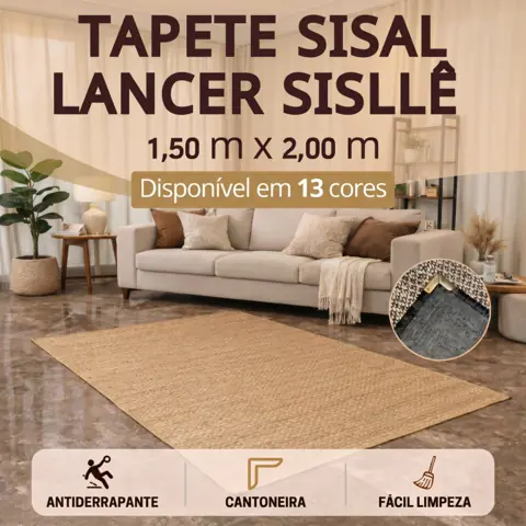 Tapete Sisal 150x200 cm Lancer Sisllê Antiderrapante Cantoneira Aço Cromado Sala Quarto