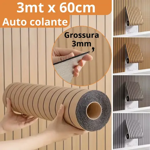 Painel Ripado autoadesivo 3D 3m x 60cm Grosso Revestimento Amadeirado Madeira Parede Autocolante Quarto Sala