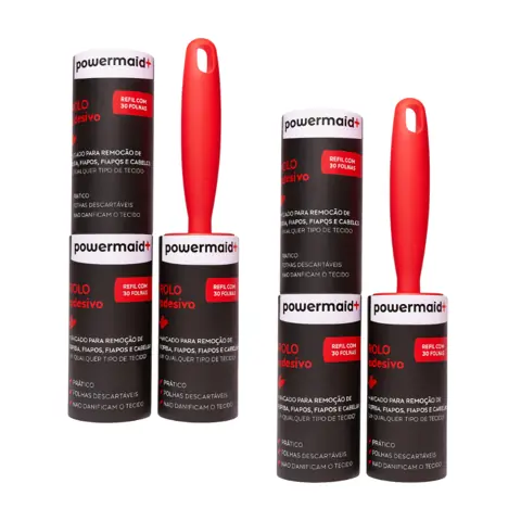 Kit Com 2 Rolos Adesivo + 4 Refil Tira Pelos Powermaid 180 Folhas Plumas Fiapos Roupas Estofados