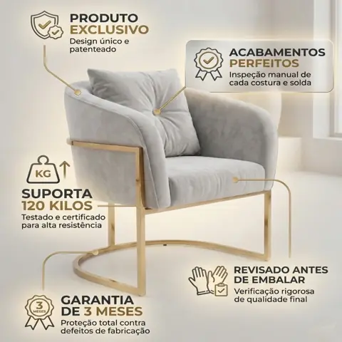 Poltrona Luca de Veludo 190 gramas Com Base de Metal Decorativa Para Sala, Salão, Quarto, Escritório, Recepção