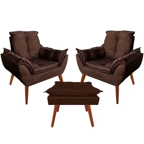 2 Poltronas Cadeira Estofada com Pés de Madeira Palito em Suede Várias Cores Com Puff Puf Opalla