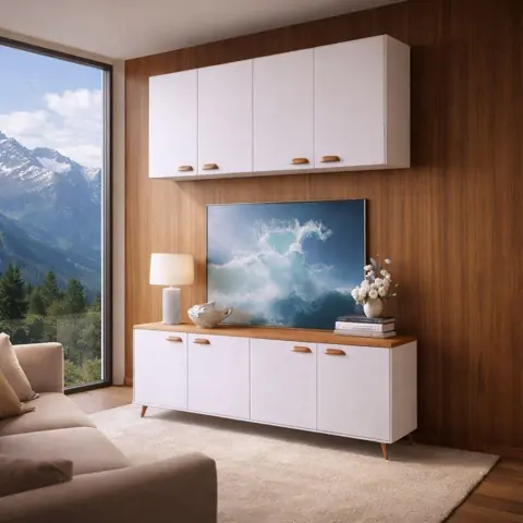 Buffet Aparador Branco 120cm 4 Portas + Armário Aéreo 4 Portas
