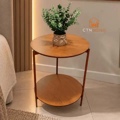 Mesa De Centro Apoio Lateral Cama Sofá Redonda Estrutura Metálica Moderna