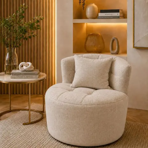 Poltrona Orgânica Curva Sharm Confort Luxory Redondo Assento Macio Tecido Linho Bege Creme