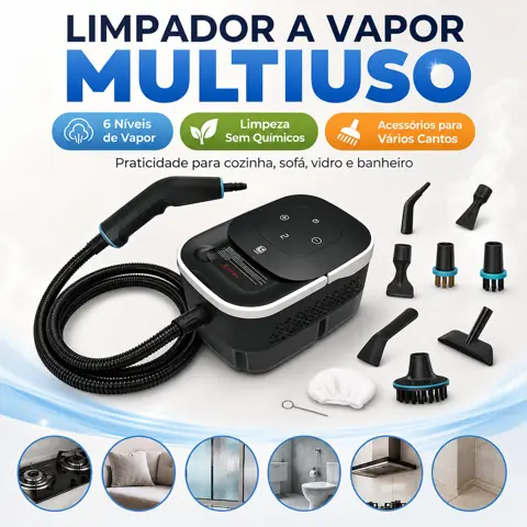 Limpador a Vapor Multiuso Portátil 6 Níveis Com Acessórios Para Cozinha Banheiro Sofá Vidro Carro
