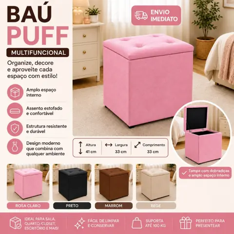 Puff Baú Decorativo Assento Estofado Multiuso Quarto Sala Closet Penteadeira Universo dos Puffs