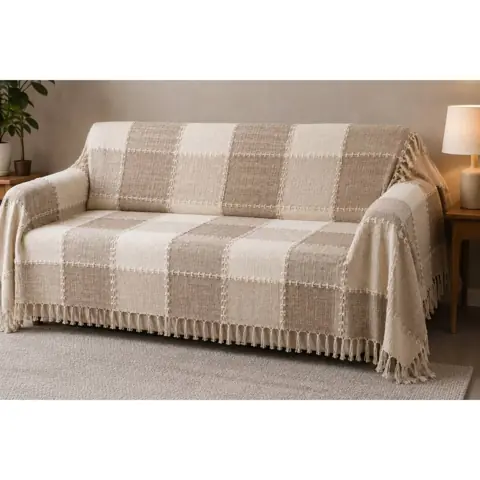 Manta para Sofá Xale 3 Lugares 2,20mx2,60m Xadrez Bege Cru com Franjas Artesanal Decorativa Premium