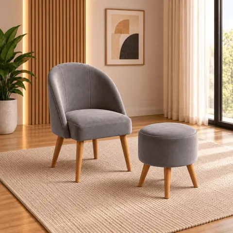 Kit Poltrona + Puff Lua Decorativo Veludo Cinza Pés Palito Madeira Sala Estar Jantar Quarto Recepção...