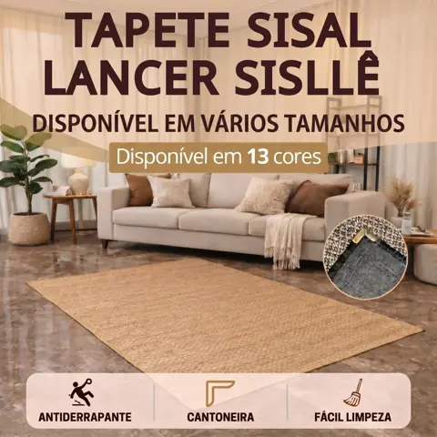 Tapete Sala Sisal Vários Tamanhos Lancer Sisllê Antiderrapante Cantoneira Aço Cromado Durável Quarto