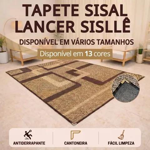 Tapete Sala Sisal Vários Tamanhos Lancer Sisllê Antiderrapante Cantoneira Aço Cromado Escritório