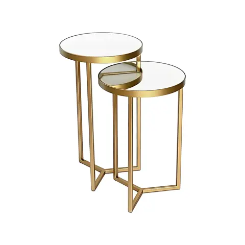 Conjunto de Mesas Laterais Redondas de Metal Dourado com Tampo Espelhado Mesa de Canto