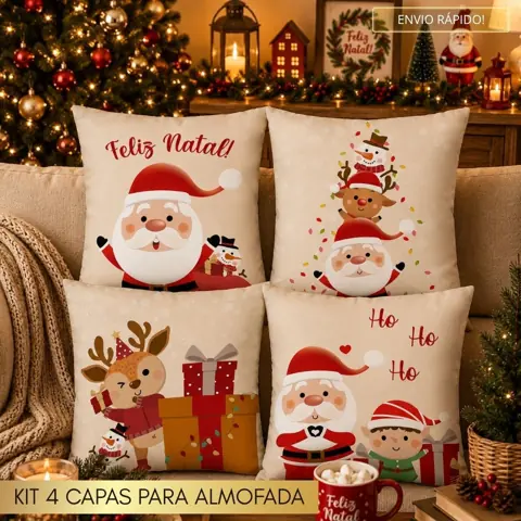 Kit com 4 Capas de Almofada Decorativas Natalinas Natal 45x45cm Papai Noel e Amigos
