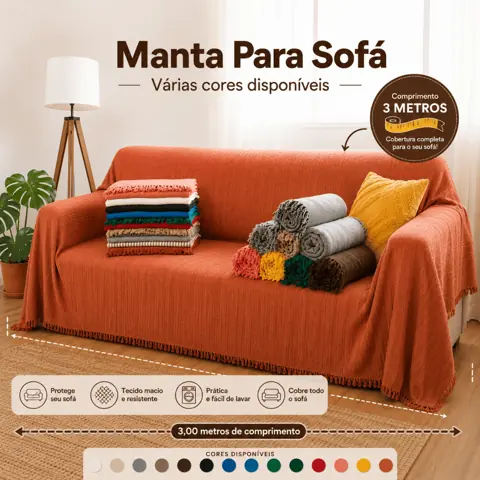 Manta Para Sofá 3,00 x 1,80 Metros Gigante King Decorativa 100% Algodão Luxo Grande Grossa 2 ou 3 Lugares