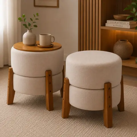 Kit 2 Puffs Mesinha Tecido Bouclé Luxo Assento ou Mesa de Apoio com Tampo Banquetas Decorativas Premium