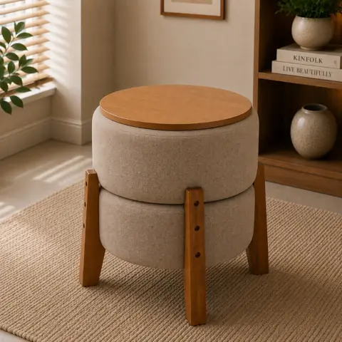 Puff Moderno 2 em 1 - Assento ou Mesa de Apoio - Tecido Boucle Luxo Pés em Madeira Maciça Banqueta Multiuso...