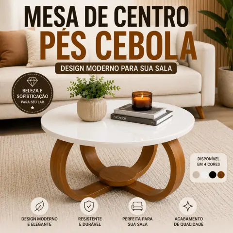 Mesa de Centro Redonda Pés Cebola 40cm 50cm 60cm Off White Preto Branco Amadeirado