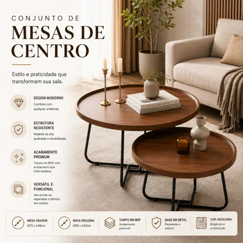 Conjunto 2 Mesas de Centro Redondas para Sala, Mesa Lateral/Apoio, MDF Amadeirado, Estrutura Metal, Nogueira