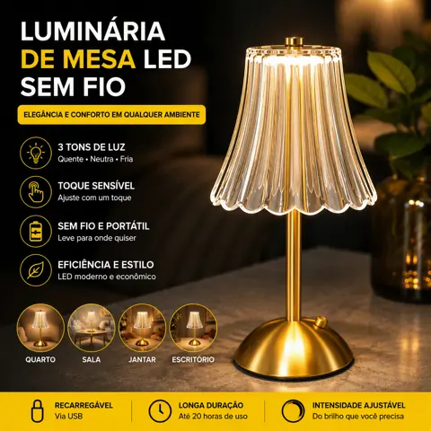 Luminária Abajur de Cabeceira LED Recarregável Touch Cúpula de Cristal Dourado Elegante Quarto Decoração Sala...