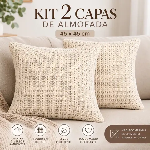 Kit 2 Capas de Almofada Crochê Tricô Vazado 45x45cm Decorativa Para Sofá Cama Sala
