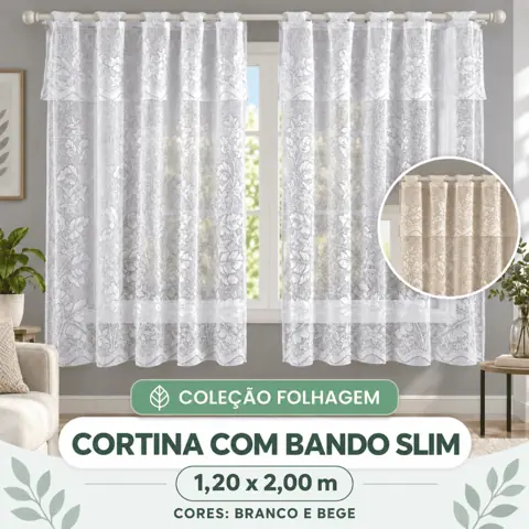 Cortina com Bando Slim Folhagem Rendada 1,20x2,00m Branca ou Bege para Sala Quarto