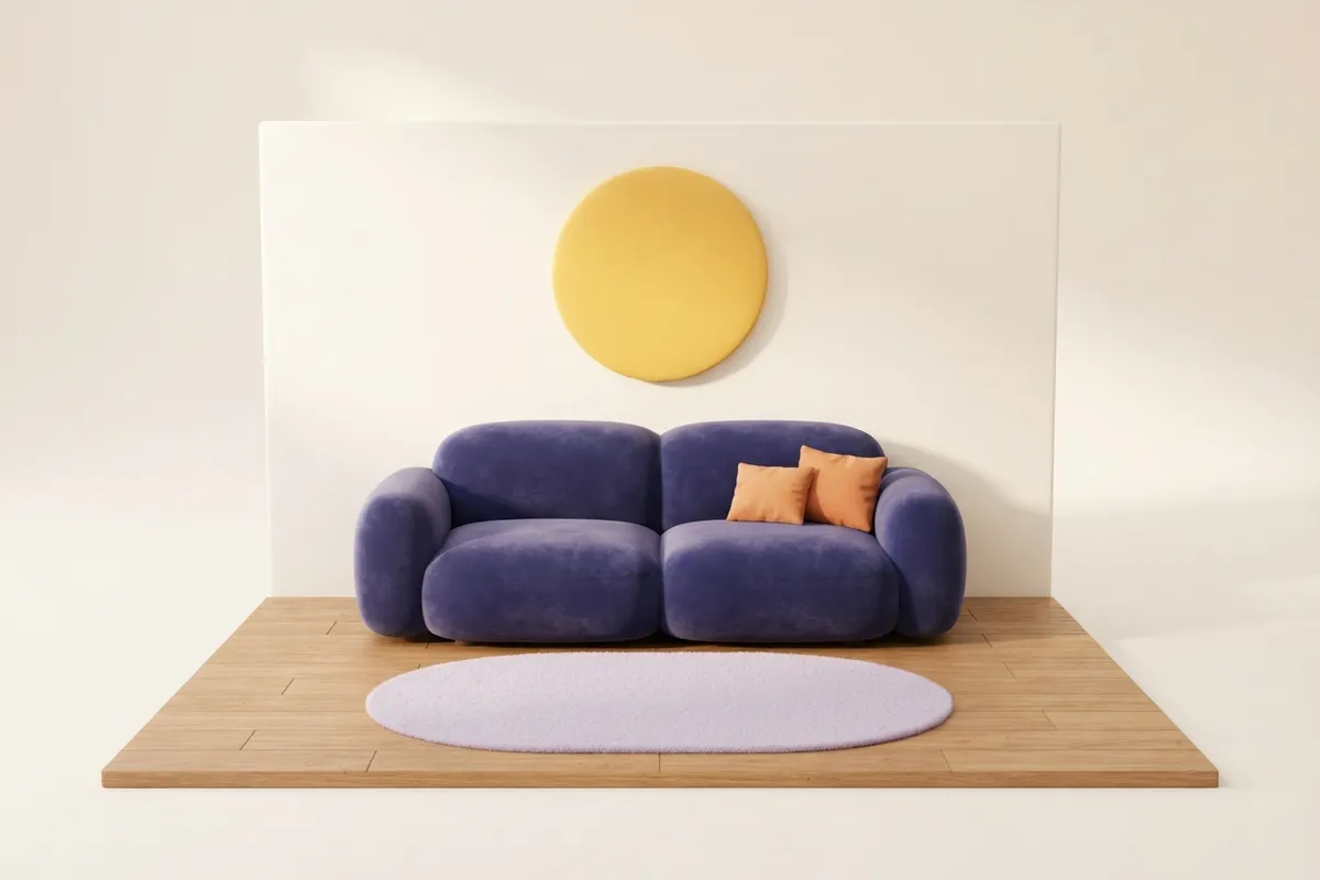 Sofá de dois lugares encostado em uma parede ilustrada, com um quadro redondo amarelo acima e um tapete à frente.