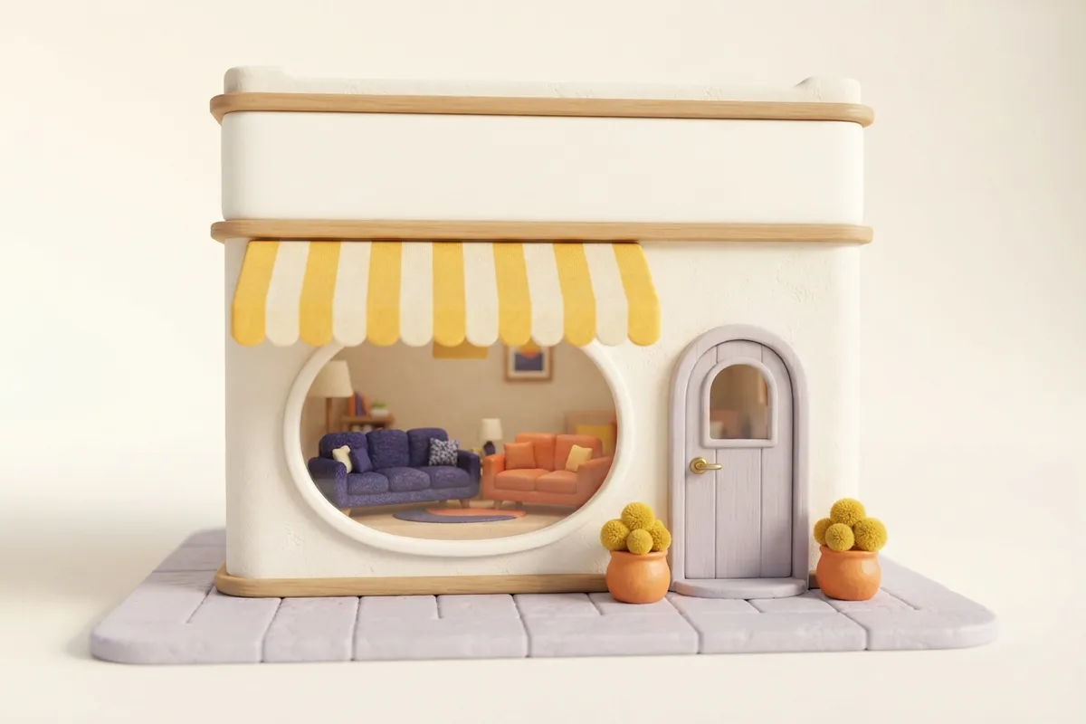 Fachada ilustrada de uma loja de móveis, com toldo listrado amarelo e dois sofás na vitrine.