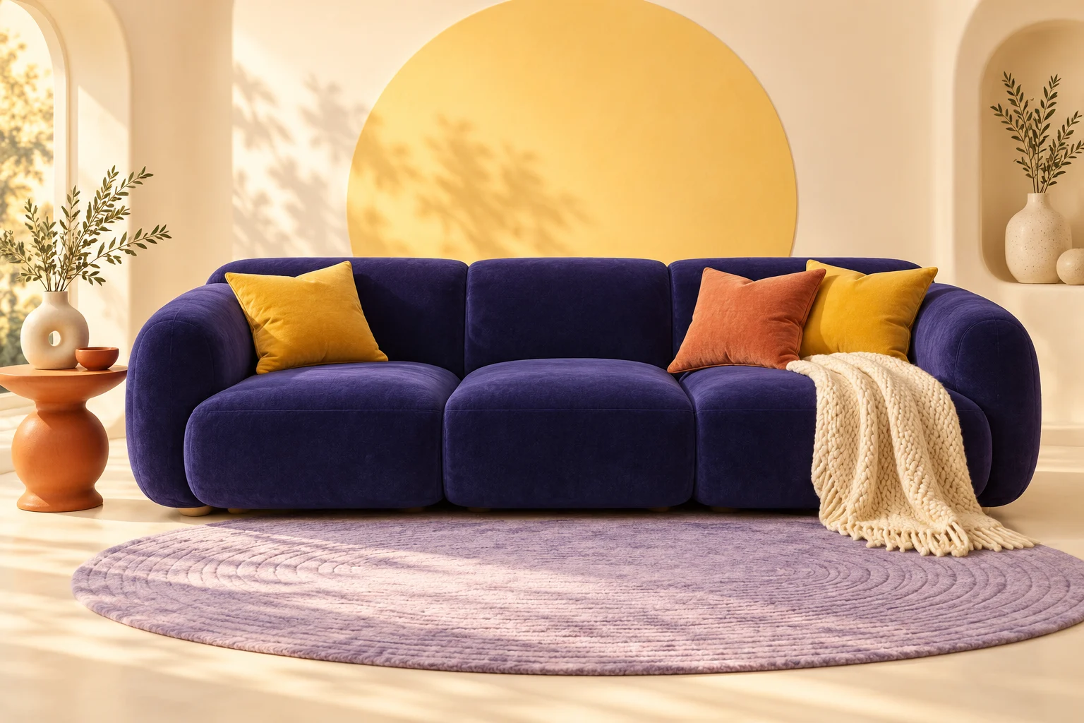 Sala conceitual com sofá roxo, almofadas amarelas e detalhes em laranja